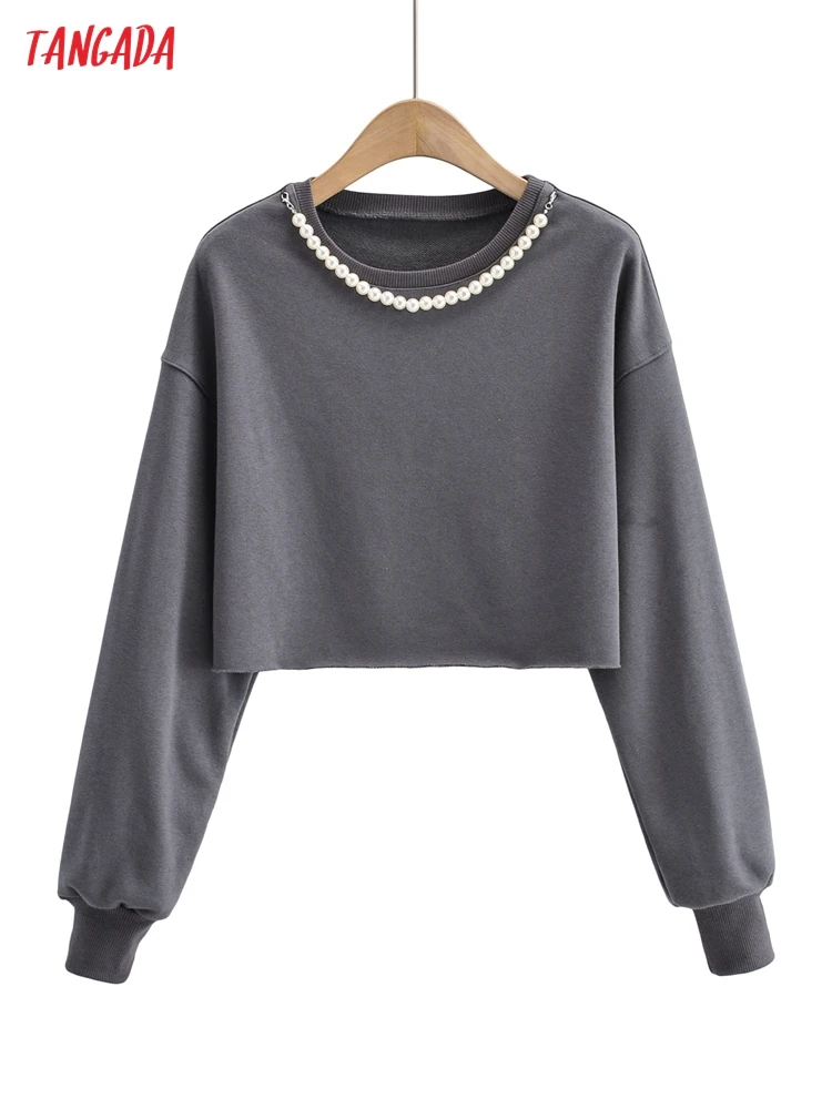 

Tangada Women Gray Pearl Decorate Crop Sweatshirts 2022 Oversize Ladies Pullovers Hooded Tops 4P101