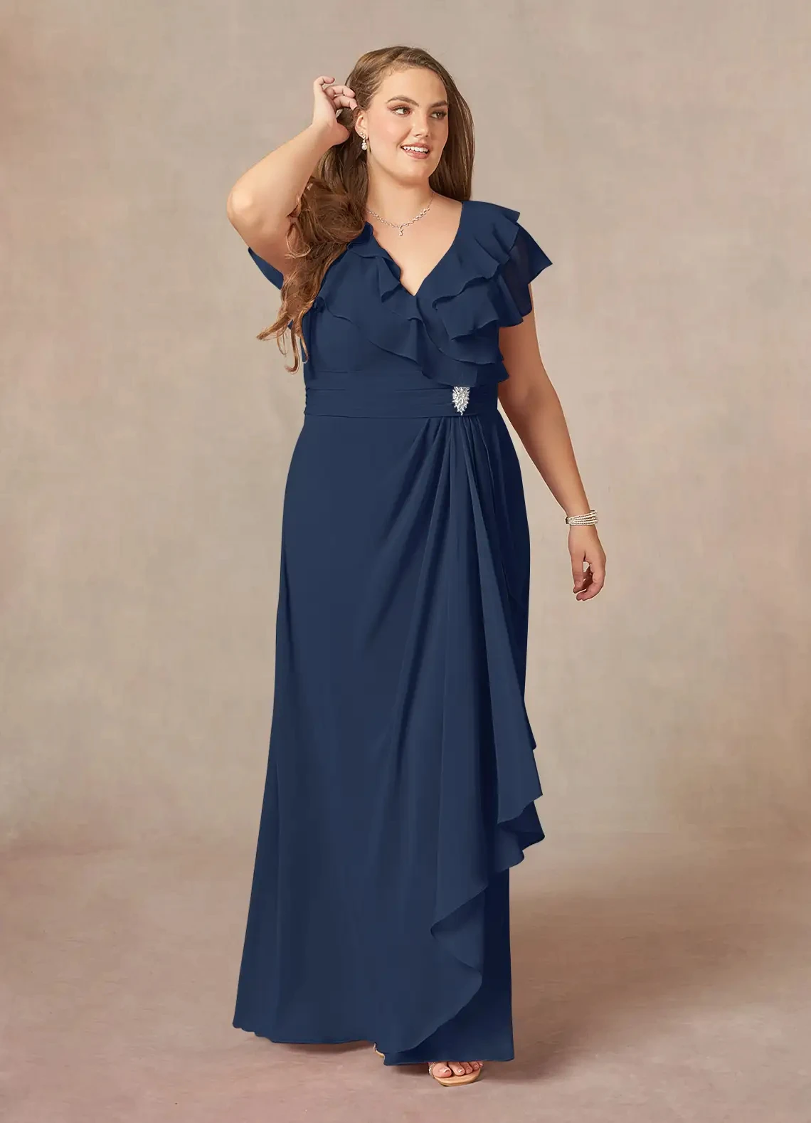 

Lorencia Elegant Navy Blue Long Mother of the Bride Dresses Crystal Chiffon V Neck A-Line Wedding Guest Party Evening Gala YMD23