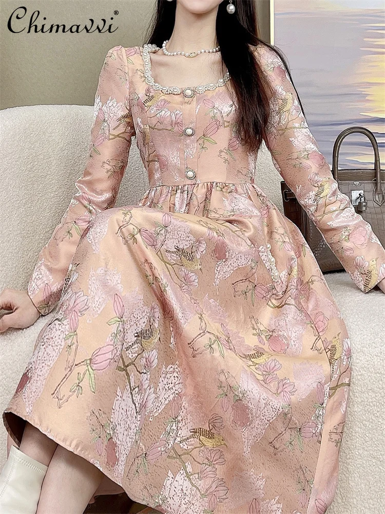

High-End Jacquard Beaded French Hepburn Style Dress 2022 Spring New Fashion Square Collar High Waist Slim Elegant Dress Women