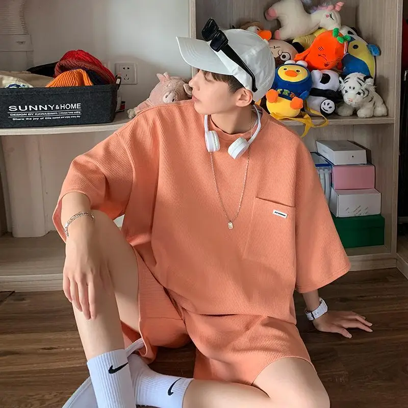 Men's Big Size Summer High Quality Waffle Check T-Shirt Shorts Suit SLacks Loose Leg Sportswear Home Wear Cotton Comfort Suit.