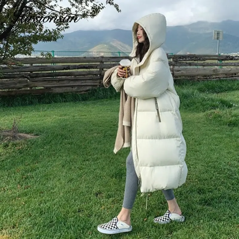 Hirsionsan Winter Solid Zipper Large Fur Collar Hooded Long Down Jacket Women New Korean Thicken Warm Puffer Clothing Female