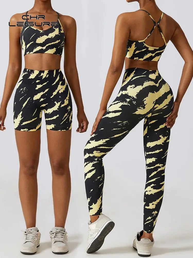 

Женский комплект одежды CHRLEISURE из 2 предметов, пикантный облегающий костюм с принтом, с завышенной талией, бесшовные брюки с эффектом пуш-ап для фитнеса