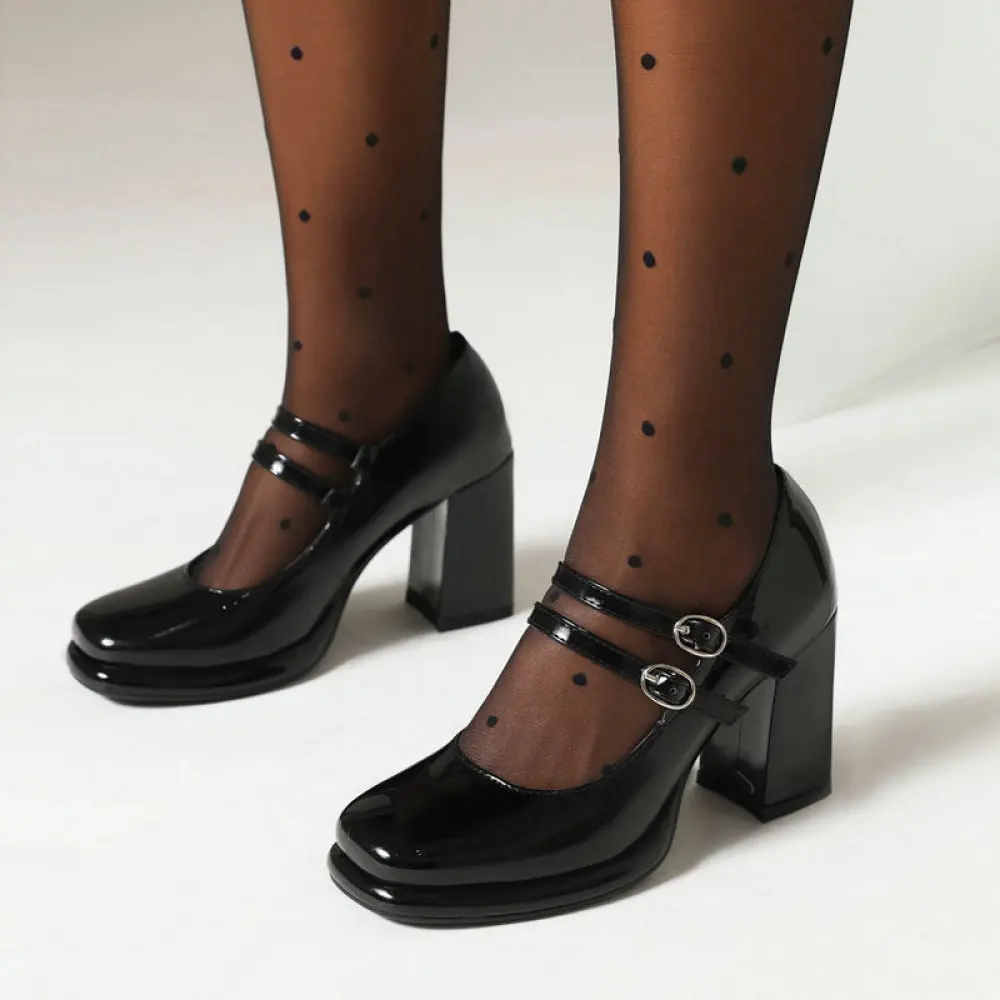 

Новинка Осень 2023, женские Туфли Мэри Джейн, туфли-лодочки из лакированной кожи с квадратным носком и двойной пряжкой на массивном каблуке, банкетные туфли-лодочки