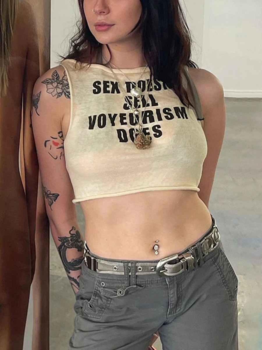 

Women's Summer Sexy Slim Fit Tank Casual Basics Tees Sleeveless Round Neck Solid Letter Print Skinny Crop Tops Streetwear