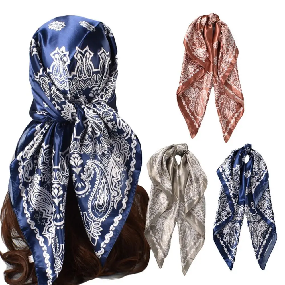 

90x90cm Hijab Paisley Print Hair Head Scarves Bandana Satin Cashew Flower Large Square Silk Scarves Scarf Foulard Neckerchief