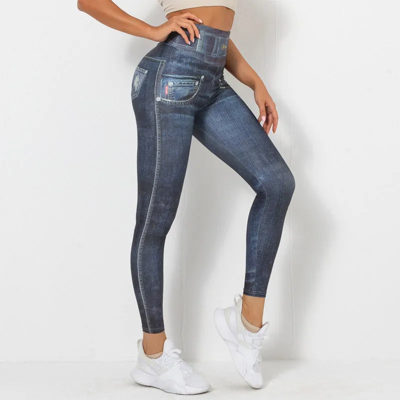 Skinny Denim Printed Leggings Seamless High Waist Fitness Yoga Summer Fashion Running Fitness Sports Pants Women