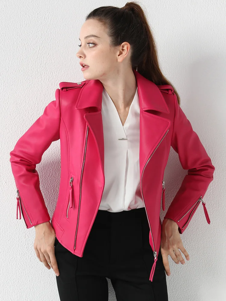 New Women Genuine Leather Jacket Spring Autumn Fashion Turn-down Collar Soft Sheepskin Short Moto Coat Slim Outerwear Female