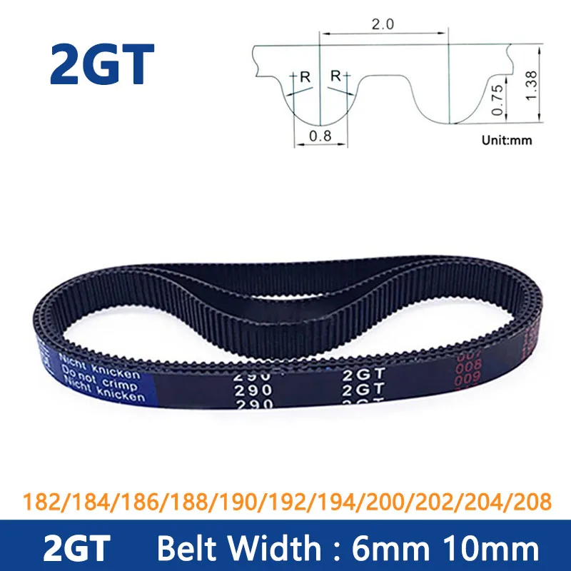 

1PCS 2GT GT2 Timing Belt 182/184/186/188/190/192/194/200/202/204/208 Width 6/10mm Rubber Closed Loop Synchronous Belt Pitch 2mm