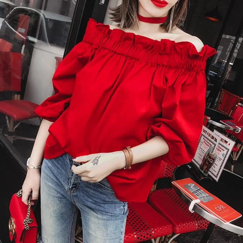 

Женская блузка с открытыми плечами, свободная элегантная красная блузка в Корейском стиле с полурукавами и вырезом лодочкой