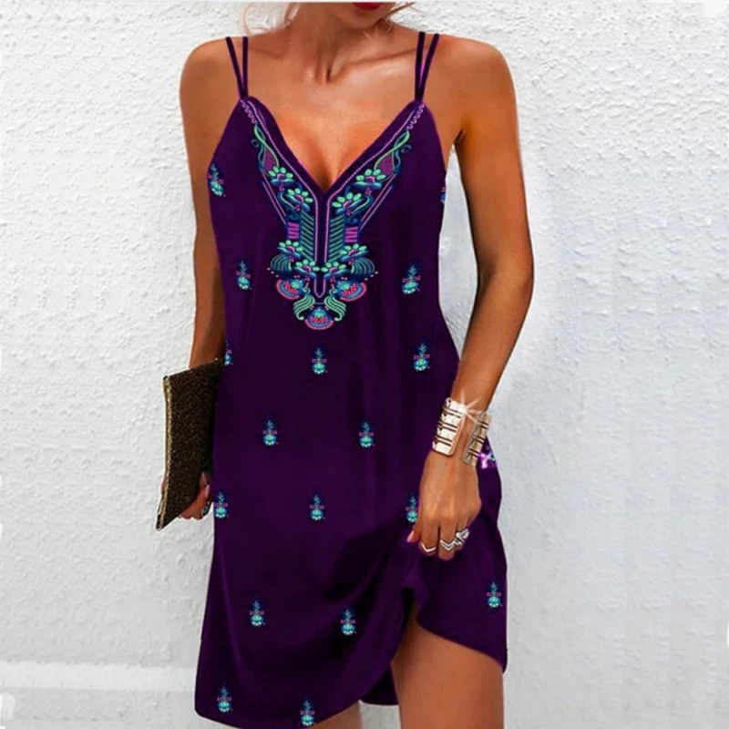 

Summer Elegant Women's Clothing Bohemian Sling V-Neck Dress Casual Loose Vintage Beach Sleeveless Print Sexy Fashion Party Dress
