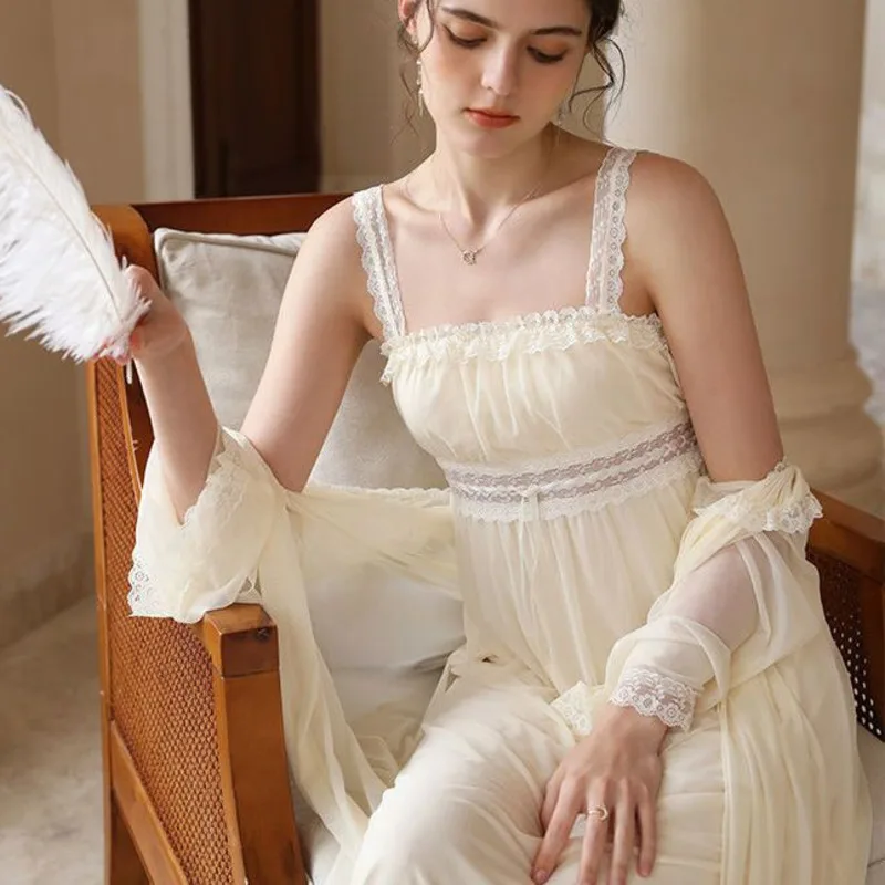 2pcs Nightgown Women Mesh Lace Lovely Sweet Nightdress Princess Nightgown Sleepwear Elegant Comfy Leisure Spring Sexy Sleepwear