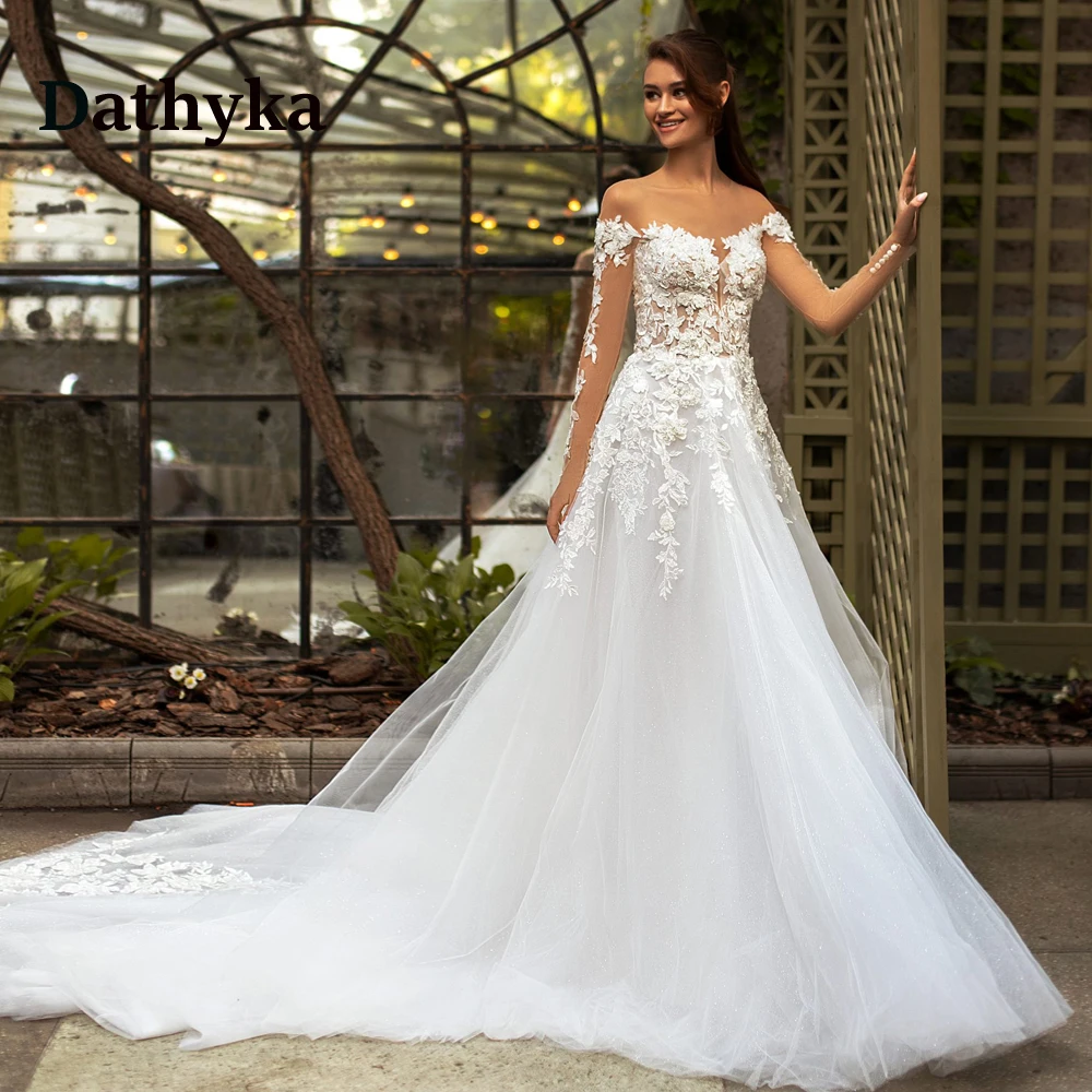 

Dathyka Classic Full-sleeves A-line Brides Wedding Dress 2023 Scoop Appliques Court Train Wedding Gowns Vestido De Casamento