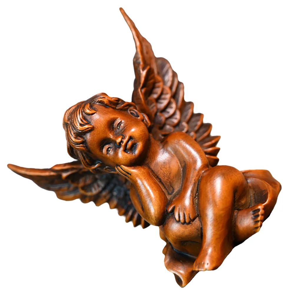 

Wooden Angel Statue Ornament Desktop Boxwood Sculpture Carved Angel Statue