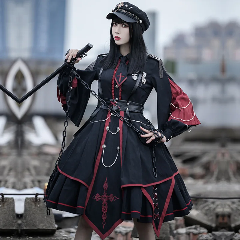 

Платье-Униформа NONSAR Lolita OP Dark в стиле ретро, Крутое оригинальное платье с длинным рукавом для девушек в стиле милитари