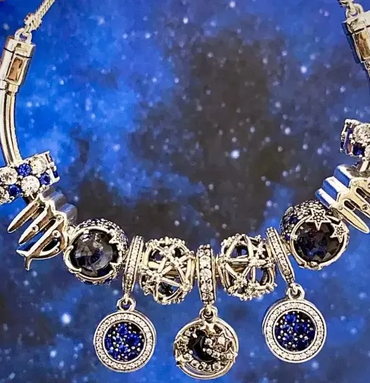 Pandora Blue Night Sky Crescent Moon and Stars Dangle Charm, 925 Silver ChimJewelry, Bracelet pour femme, DIY Executive