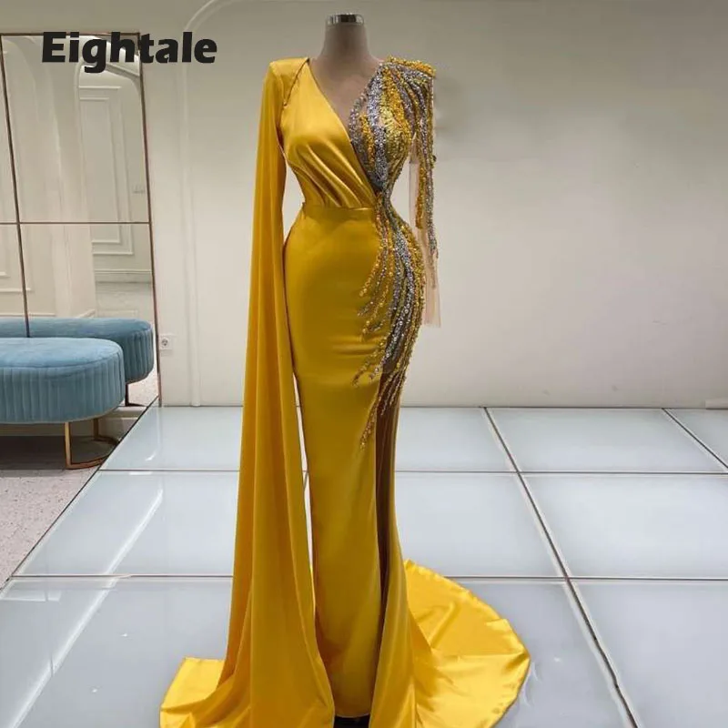

Eightale Gold Evening Dresses 2022 Beaded with Pearls Satin Mermaid Prom Gown Arabic Party Dress Dubai Celebrity Gown