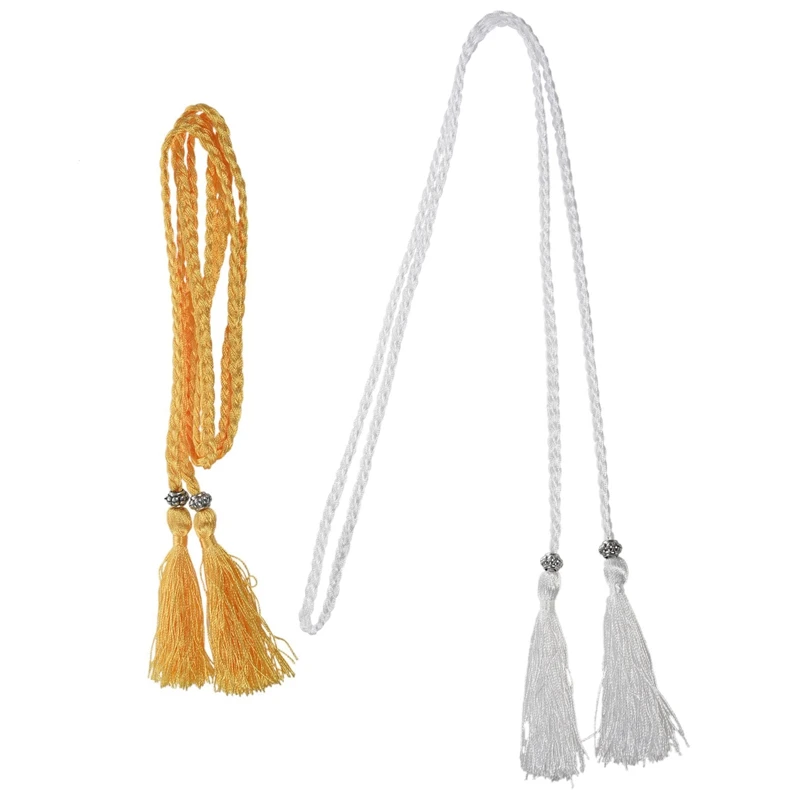 

2X Woven Tassel Belt Knot Decorated Waist Chain Waist Rope White & Gold