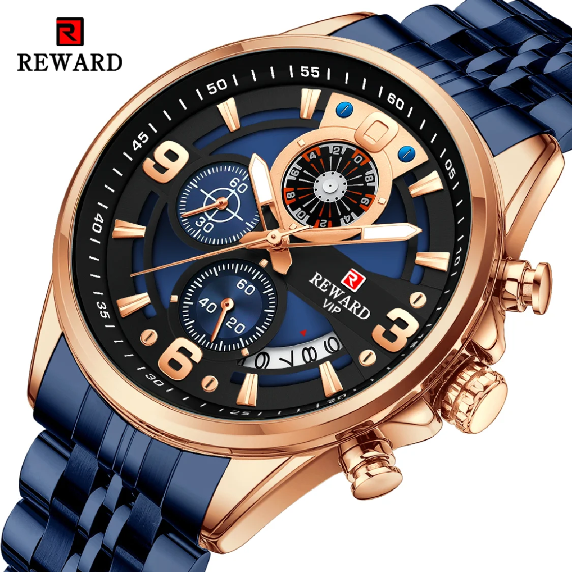 

REWARD New Mens Watches Stainless Steel Luxury Waterproof Chronograph Luminous Wrist Watch Fashion Men Sports Quartz Watch