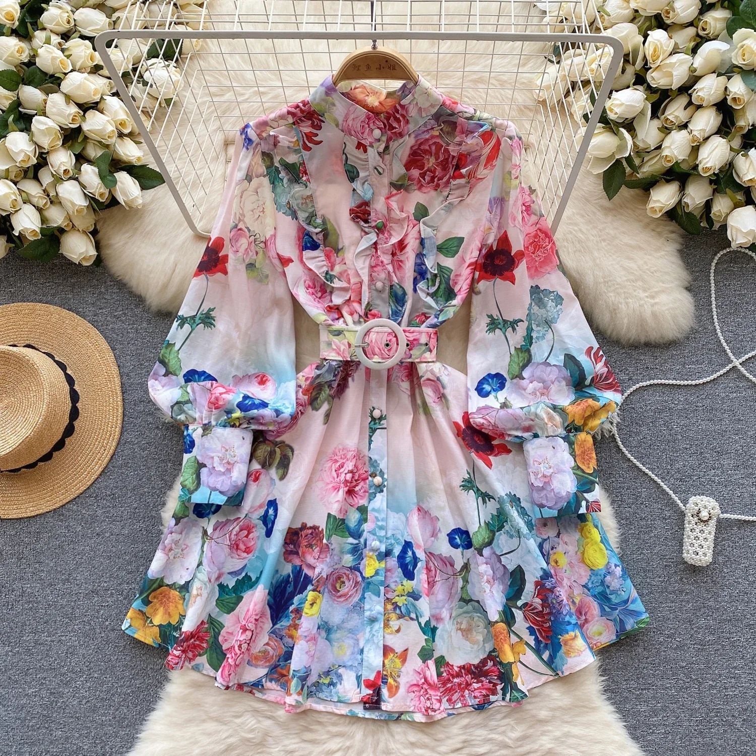 

Retro Flower Print A-line Short Dress Women's Wooden Ear Long Lantern Sleeve Elegant Single Breasted Clothes Vestidos L672