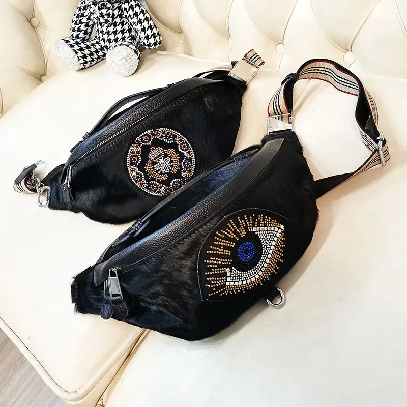 

European and American Fashion High Quality Genuine Leather Horse Hair Hot Drilling Western Style Chest Bag Fashion New Women Bag