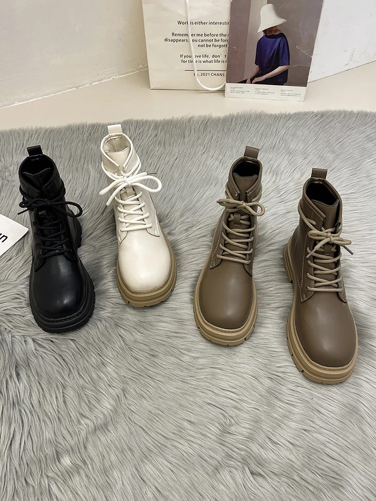 

Женские ботинки со шнуровкой, Дизайнерские ботильоны на резиновой подошве, с круглым носком, Осень-зима 2022