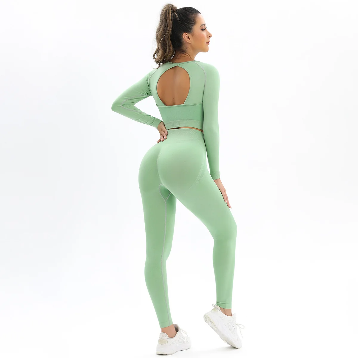 Seamless Backless Yogs Sets Sports Fitness High Waist Hip-lifting Trousers Long-Sleeved Suits Workout Gym Leggings Set for Women