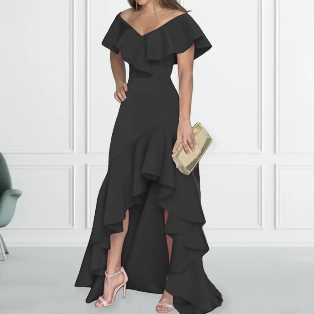 

Anti-Pilling Comfy Elegant Ruffle Trim Evening Party Maxi Dress Female Clothes