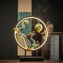 Backflow Incense Holder with LED Light Ring Chinese Dragon Statues Censer Incense Burner Aromatherapy Ornament Incense Holders
