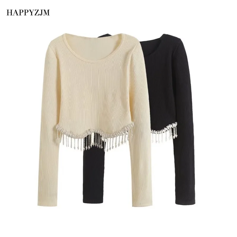 

New Women Artificial Knitting Beaded Short Knitwear Fashion Round Neck Long Sleeve Slim High Waist Exposed Navel Sexy Sweater