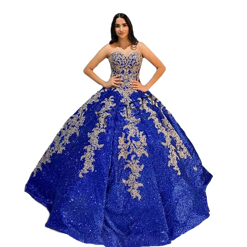 Женское платье без рукавов Fanshao голубое с блестками и золотыми бусинами