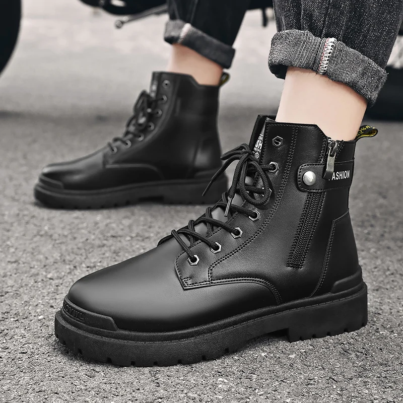 

Genuine Leather Men Martins Boots Lace Up Low Heel Casual Ankle Boots For Students Shoes Men Leather Short Boots