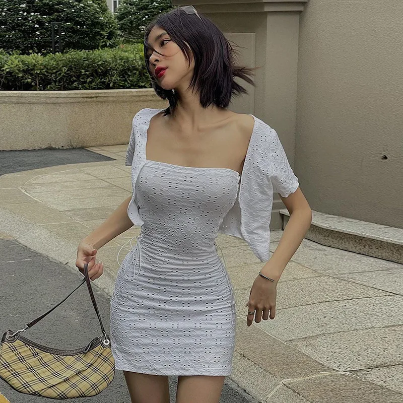 

Hot Women Jacquard 2 Pieces Short Sleeve Cardigan Lace Up Tube Mini Dress Sets Bodycon Streetwear Party Clubwear 2022 Summer New