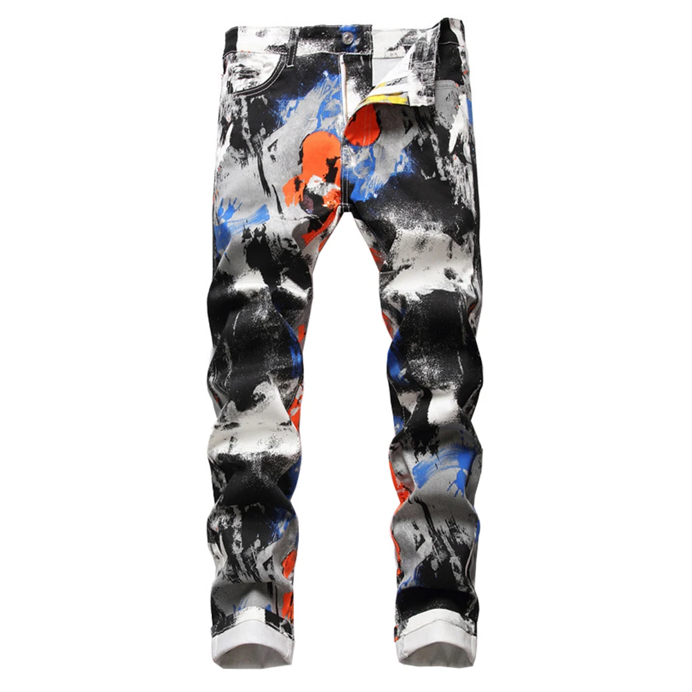 

Men's Slim Stretch Denim Printed Jeans Fashion Y2K Contrast Color Neon Painted White Pants Trousers