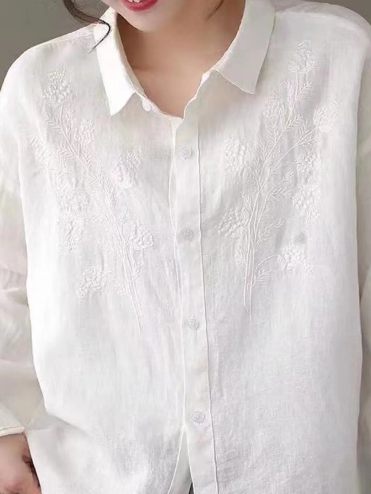 Рубашка из хлопка и льна с вышивкой длиной до рукавов Женская одежда Большие