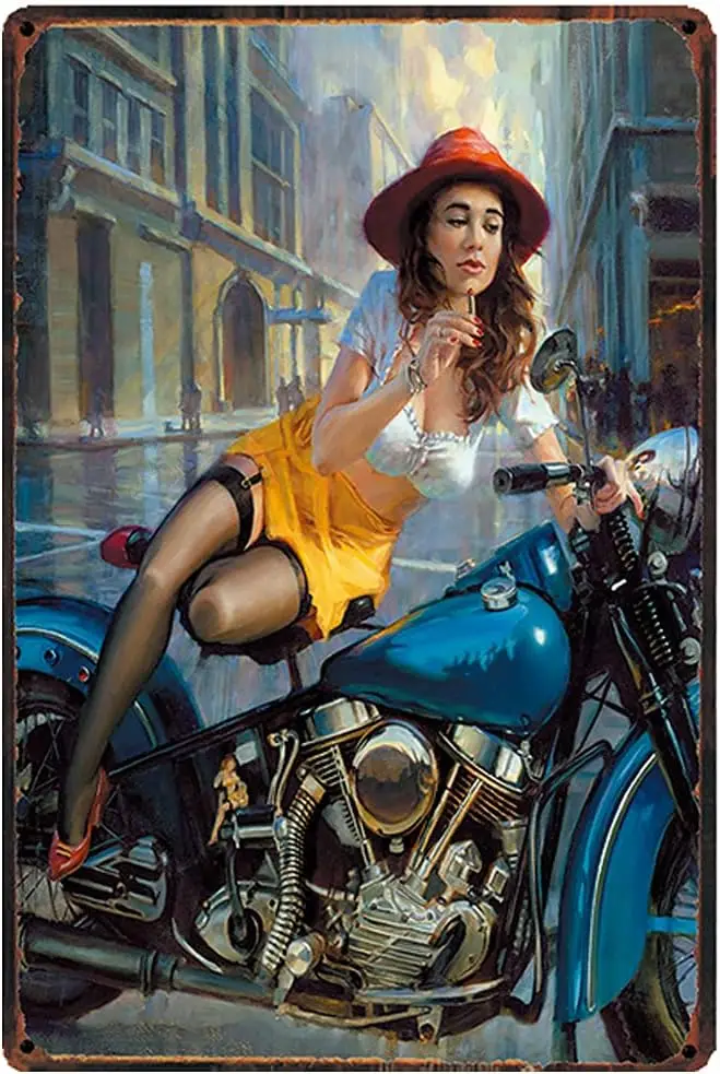 Orgnl Retro Desgn Beutful Womn Курение на мотоцикле Metl Sgns Wll rt | Плакат Thck Plte Prnt Decorton для Grge