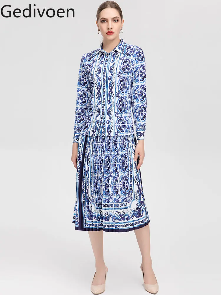 

Gedivoen Runway Autumn Blue and White Porcelain Skirts Suit Women's Long sleeve Elegant Shirts＋pleated Skirts 2 Pieces Set