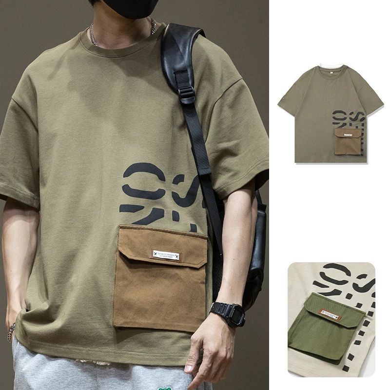 

Summer Men's Short Sleeve Letter Printed T-shirt With Cargo Pocket Casual Cotton O-Neck Tops Y2K Streetwear Oversized Tee Shirts