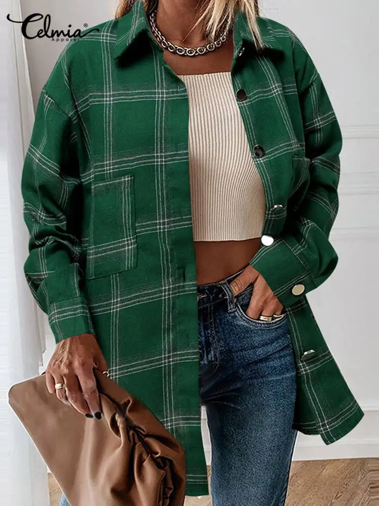 

Celmia 2022 весенние клетчатые рубашки, модные повседневные женские длинные рубашки с карманами, элегантные клетчатые топы на пуговицах, блузы