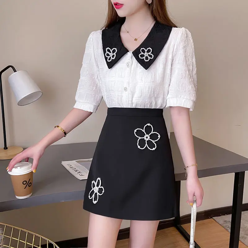 

Women 2022 Summer New Fashion Sets High Waist Mini Skirt and Temperament Short Sleeve Female Blouse Elegant 2 Piece Suit M69