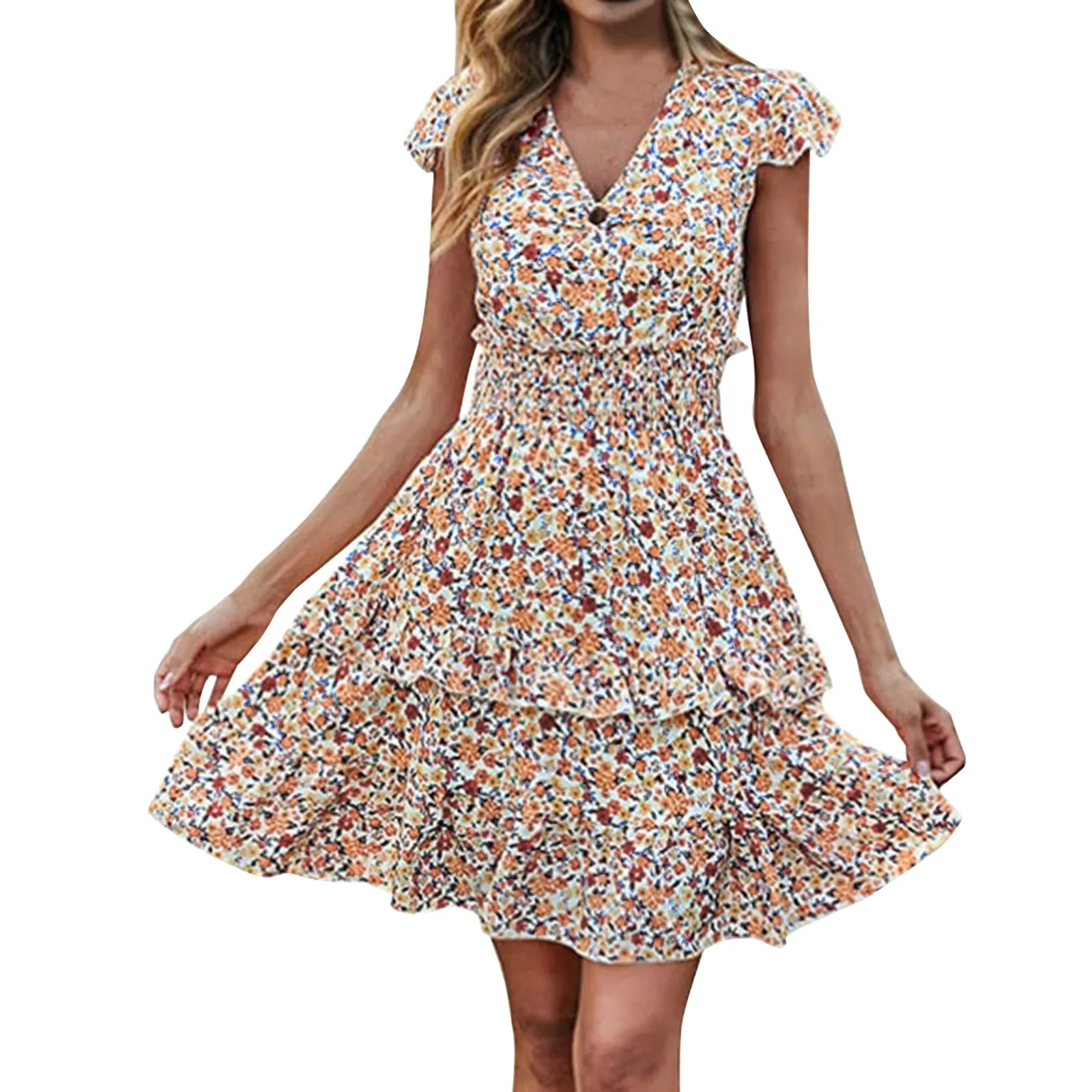 

Милое короткое платье-туника, женское летнее модное многослойное мини-платье в стиле бохо с V-образным вырезом и цветочным принтом и оборкам...