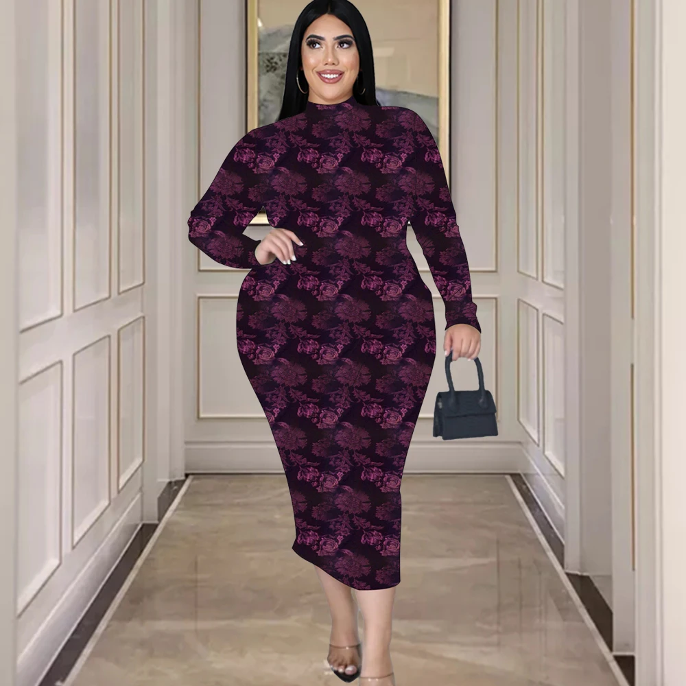 

Women Bodycon Velvet Dresses Floral Printed High Neck Long Sleeve Midi Length Outfits for Ladies Evening Party Gowns Winter 2023