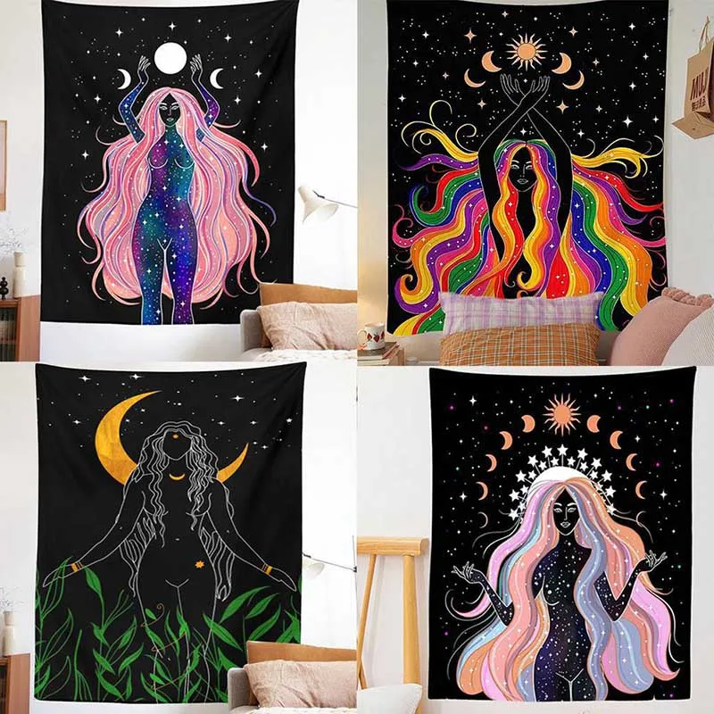 

Indian Moon Phase Girl Wall Tapestry Bohemian Mandala Hippie Indoor Wall Decor Tapestries Bedroom Art Decoration Hanging Cloth