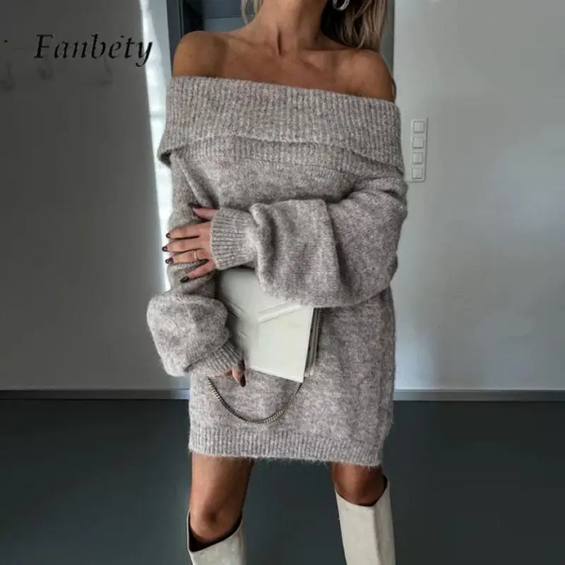 

Fashion Lazy Style Long Sleeve Pullover Dress Sexy Off Shoulder Solid Color Mini Dress Lapel One Shoulder Knitted Sweater Dress
