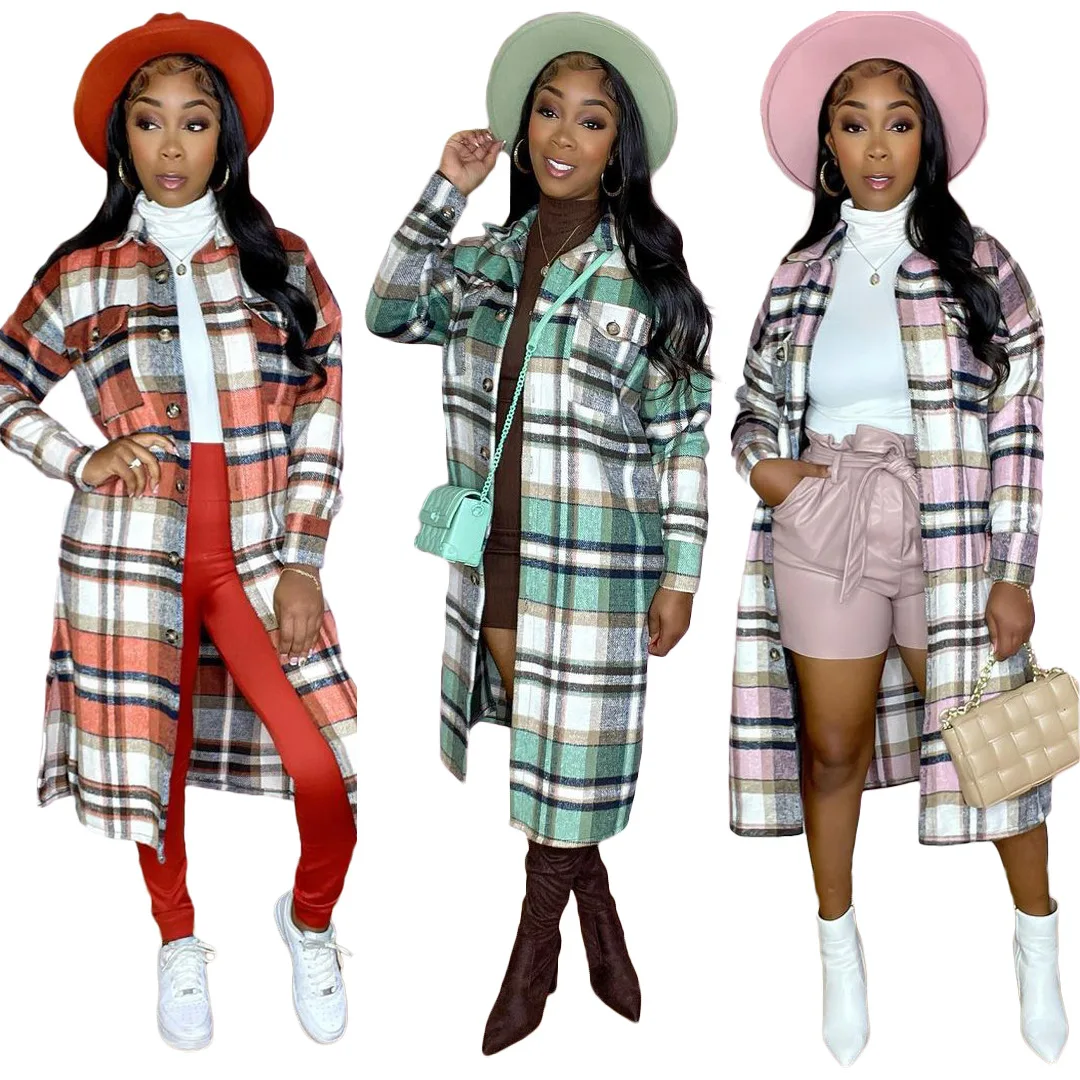 

Spring Autumn Women Fashion Shirt Dress Long Coat Classic Plaid Printed Long Shirt Ladies Casual Windbreaker Outer Cardigan