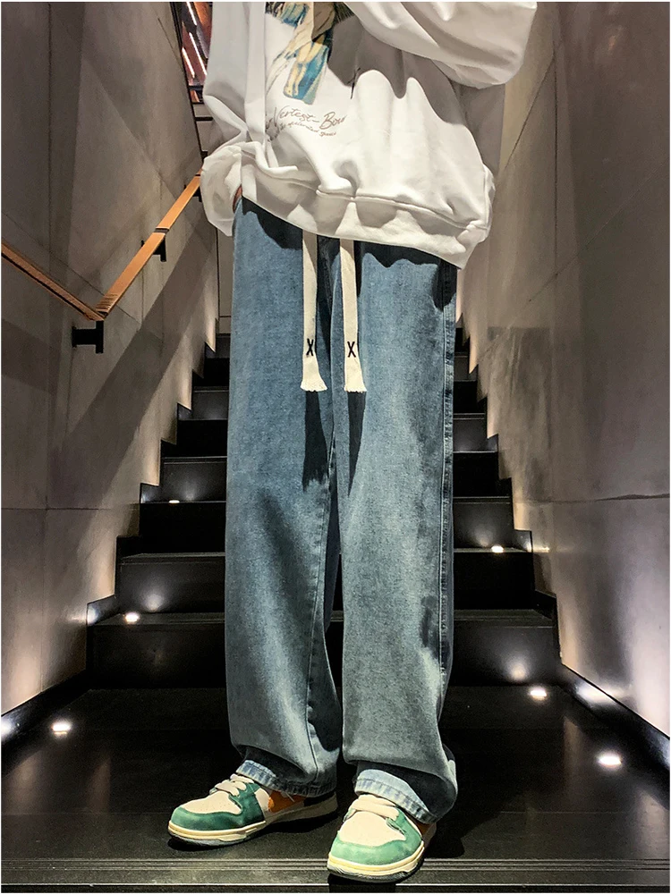 Fashion Men's Elastic Waist Wide Leg Jeans Classic Unisex Men's Tide Brand Fu Loong Dirty Mopping Trousers Hip Hop Men Clothing