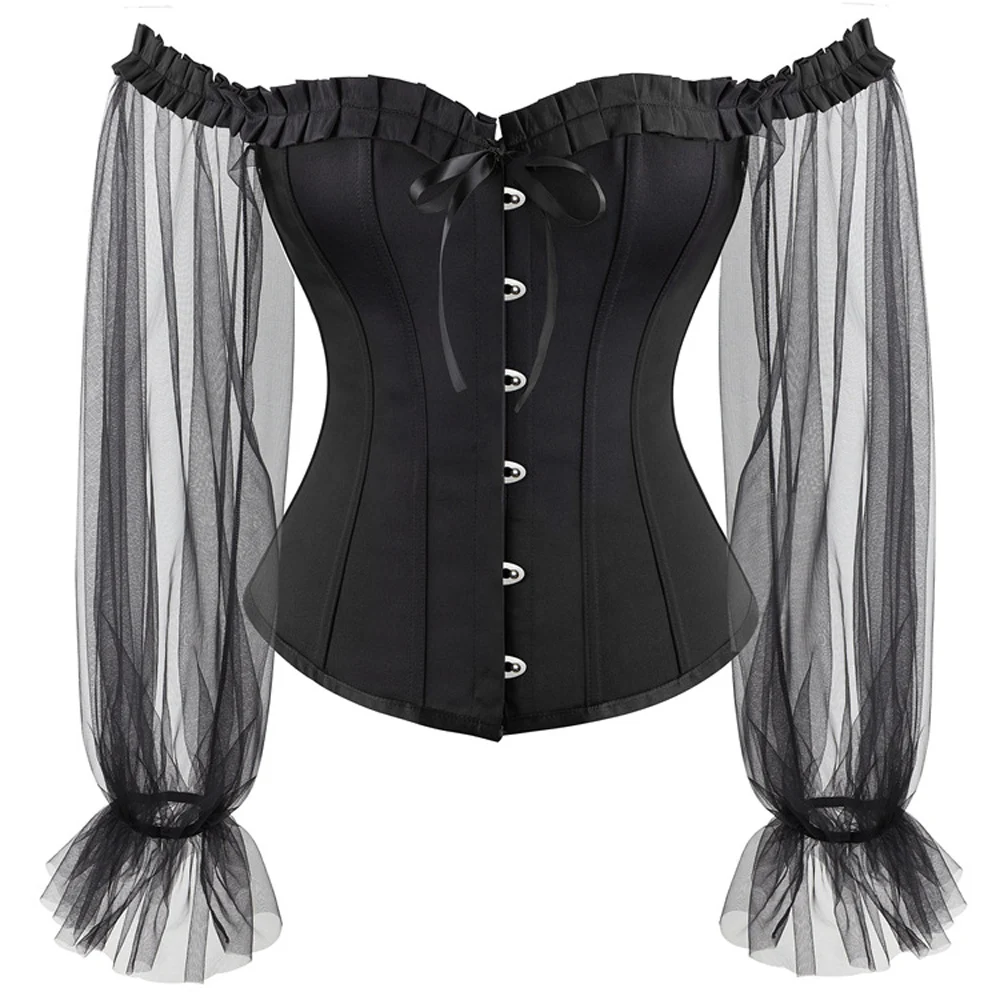 

Womens Corset Top Bustier Lingerie Mesh Long Sleeves Renaissance Plus Size Lace Sexy Pleated Trim Costumes Burlesque Black Top
