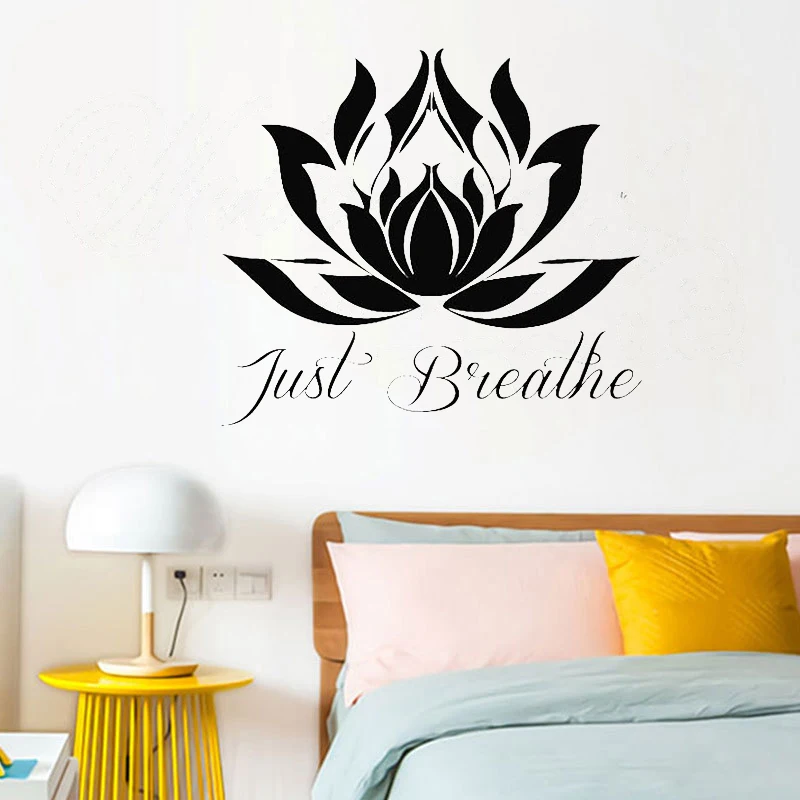 

Mandala Flower Wall Sticker Quotes Just Breathe Lotus Flower Vinyl Decal Buddha Art Mural Meditation Yoga Studio Poster Decor