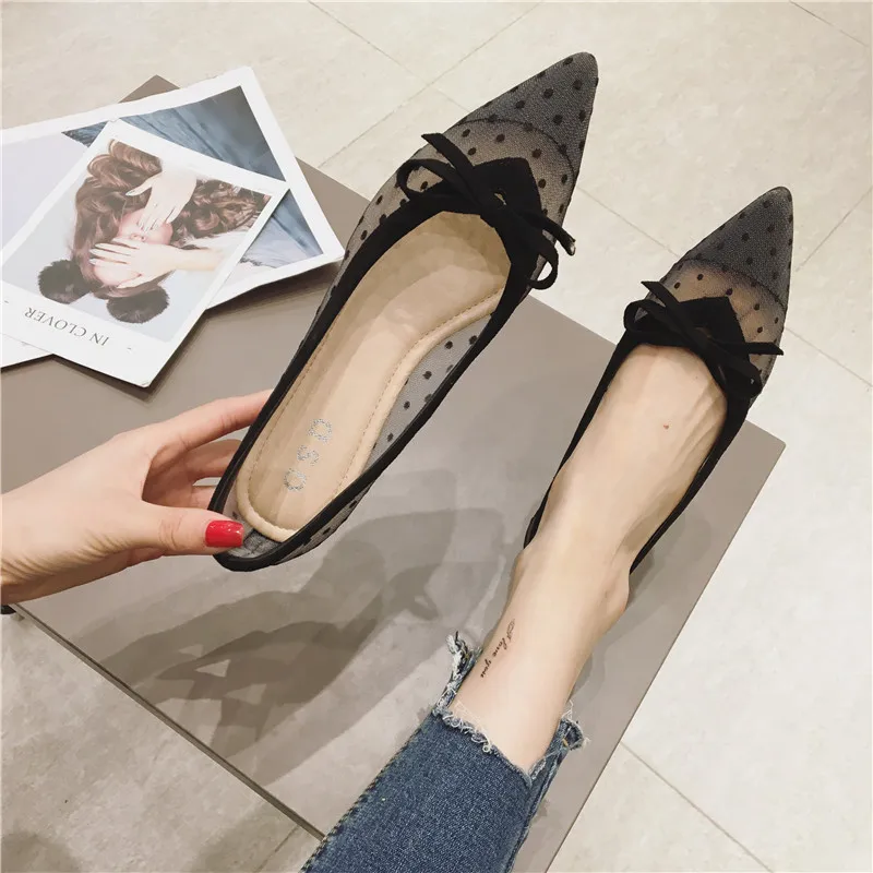 

Air Mesh Breathable Pointy Toe Shallow Single Shoes Woman Summer Transparent Lace Polka Dot Bowknot Loafers Comfy Moccasins Chic