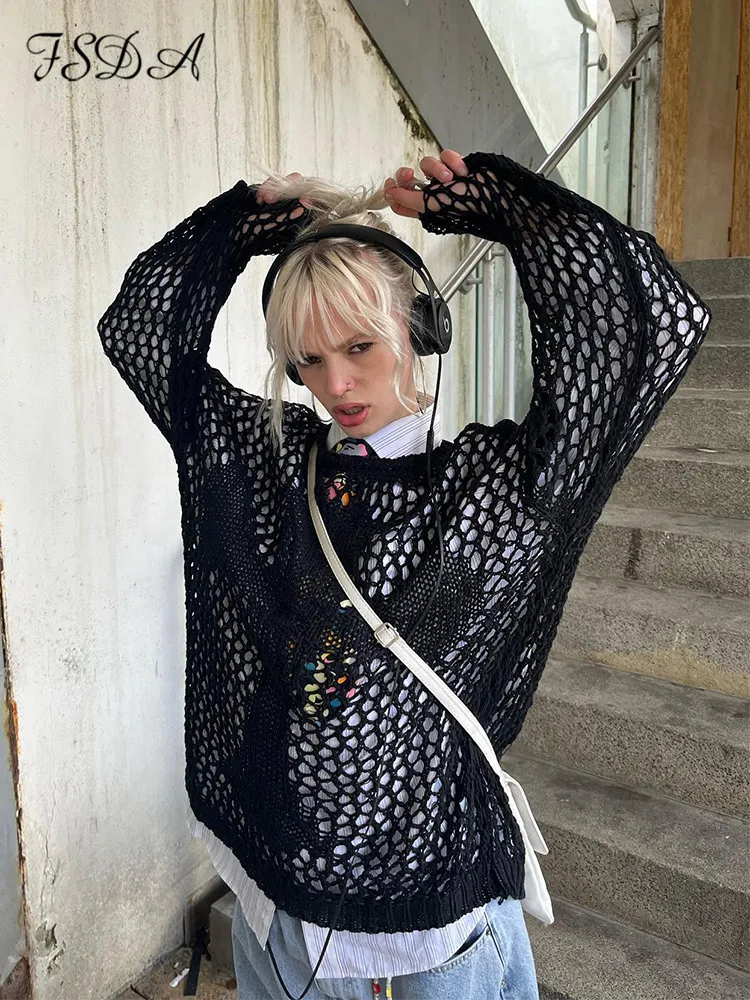 FSDA 2022 O Neck Hollow Out Long Sleeve T Shirts Oversized Summer See Through Black Y2K Vintage Sexy Tops Knitted Beach 90s