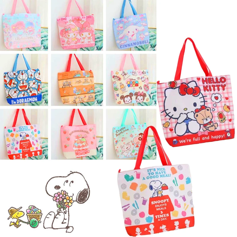 

Kawaii Hello Kitty Snoopys Cartoon Canvas Bag Ins Girls Carry Bag Supermarket Shopping Bag Sanrio Shoulder Hand-Held Cloth Bag